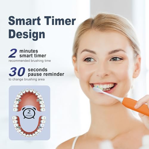 7AM2M Sonic Electric Toothbrush for Adults and Kids, with 8 Brush Heads and Travel Case,5 Modes with 2 Minutes Build in Smart Timer, One Charge Use for 90 Days, Rechargeable Toothbrushes (Orange)