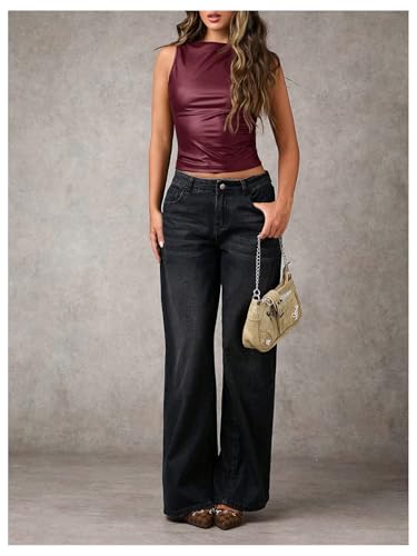 Milumia Women's Boat Neck Faux Leather Tank Top Shirt Y2k Ruched Fitted Going Out Tops3