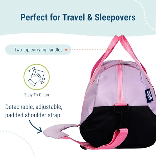 Image of Wildkin Kids Overnighter Duffel Bag - Carry-On Travel Bag for School & Sleepovers, Lightweight, Durable, Boys & Girls Ages 4-15 - Lilac