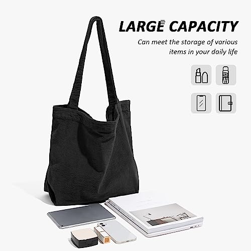 GVSAVY 1 Black Corduroy Bag, With 1 Rabbit Charm, Retro Shoulder Bag, Simple Beach Bag, Casual Large Capacity Shopping Bag - Image 4