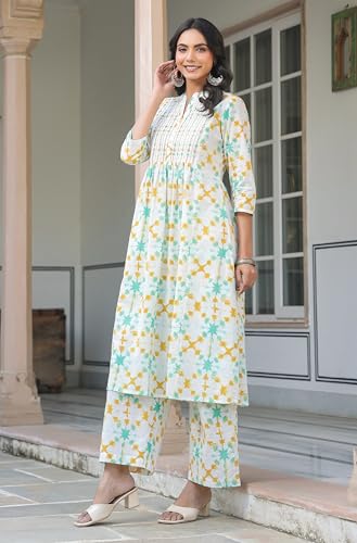 Image of Janasya White Pure Cotton Kurta & Pant Set for Women Abstract Print Ethnic Wear