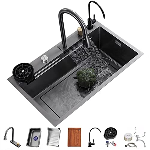ERoomQ バーキッチンシンク 万能ステンレススチール シングルボウル キッチンワークステーションシンク ウォーターフォール プルダウン蛇口とアクセサリー一式(ブラック68x45x22cm)