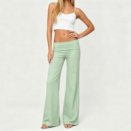 Image of Lounge Yoga Pants for Women Fold Over Low Waist Wide Leg Bell Bottoms | Y2K Foldover Pants, Flare Leggings, Low Rise Yoga Sweatpants