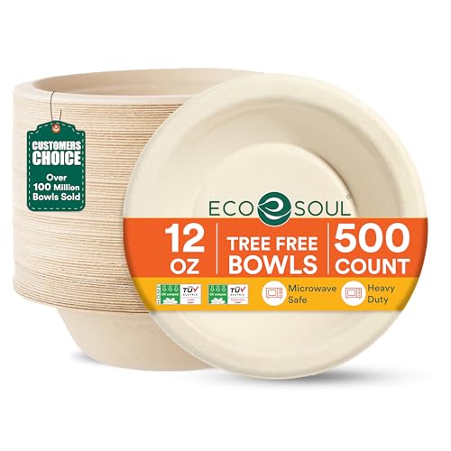 ECO SOUL 100 % kompostierbare Suppenschüsseln, 340 ml, Einweg-Dessertschalen, robuste Papierschüssel, umweltfreundliche Salatschüssel, biologisch abbaubare große Schüsseln, 4 Packungen mit je 125