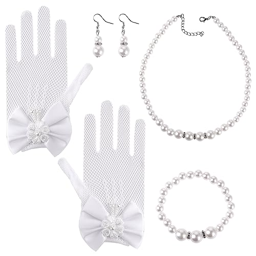 Yolev 4 Pcs Pearl Necklace Bracelet Earrings Jewelry Sets and White Lace Communion Glove Pageant Gloves for Wedding Pageant Halloween Cosplay (Suitable for ages 12+)
