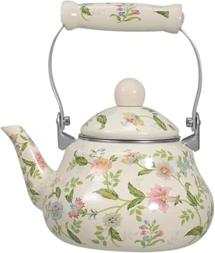 Théière en porcelaine émaillée florale de 1,5 l – Élégante théière de table de cuisson avec filet anti-fuite pour toutes les cuisinières (blanc)