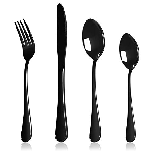 HaWare 24 Piece Black Cutlery Flatware Set, Stainless Steel Silverware with Knife Spoon Fork, Service for 6, Mirror Finish, Dishwasher Safe