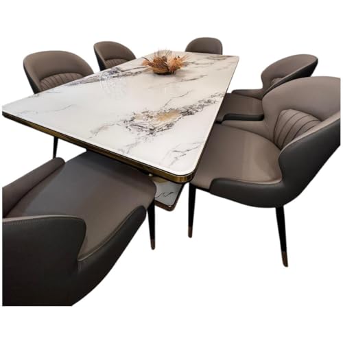 Image of TopSpot Luxury 6-Seater Dining Table Set – White Marble Effect Rectangular Table with Gold Base & 6 Grey Faux Leather Chairs – Elegant Dining Room Furniture (Grey)