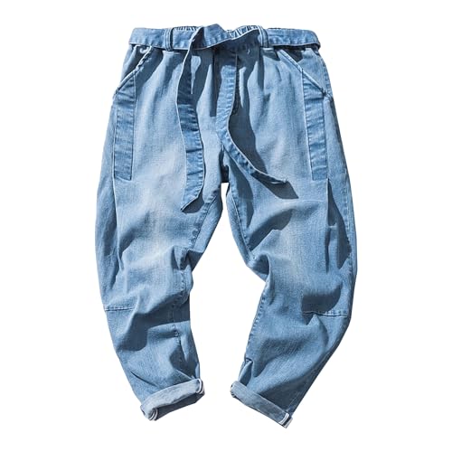 Men’s Elastic Waist with Belt Jeans Casual Solid Loose Fit Jeans Cargo Joggers with Pockets Jean