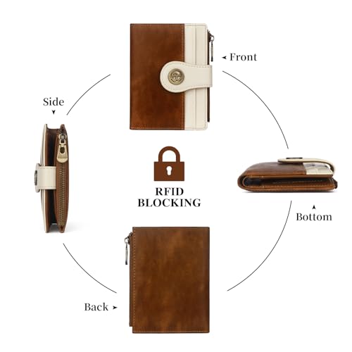 Image of Leather Wallet Women,RFID Blocking Slim Compact Card Holder with Zipper Coin Pocket,Top Grain Cowhide Bifold Women's Wallet(brownwhite)