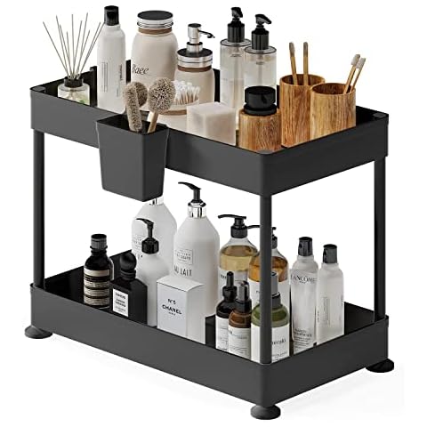 StorageBud 2-Tier Under Sink Organizer, Black, Plastic, Non-Slip Rubber Legs, Hanging Hooks, Drain Holes, Quick-Access Caddy Cover