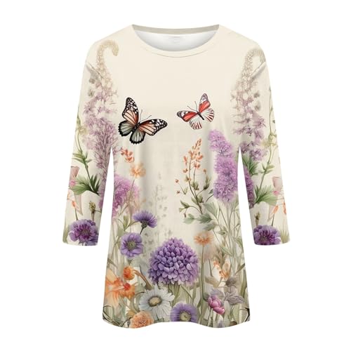 HTHLVMD Womens 3/4 Length Sleeve Tops 2025 Fall Fashion Floral Print Crewneck Causal Trendy Tunic Tops for Women