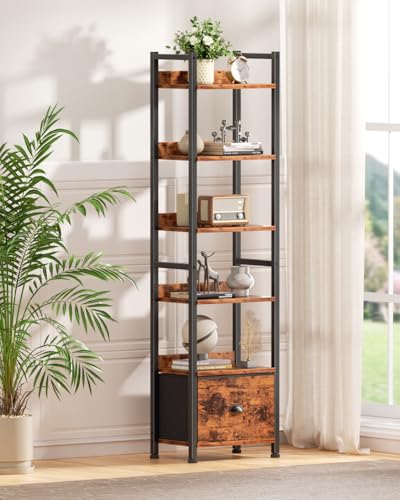 Image of Furologee 6 Tier Bookshelf, Tall Shelf with Drawer, Wood and Metal Bookshelves Storage Organizer, Industrial Display Shelving Unit for Bedroom, Living Room, Home Office, Rustic Brown