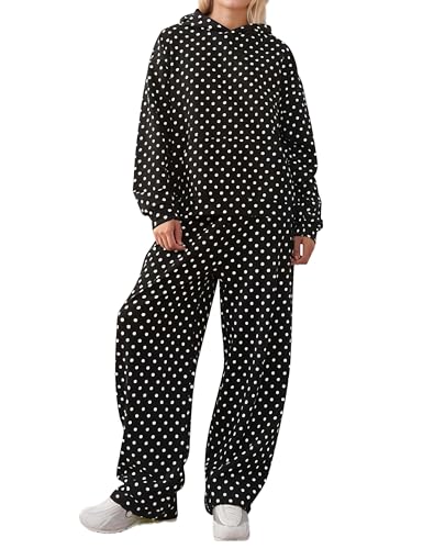 Ythomm Women Polka Dot 2 Piece Outfits Oversized Fleece Hoodie Sweatsuits Wide Leg Sweatpants Matching Sets Fall Tracksuits