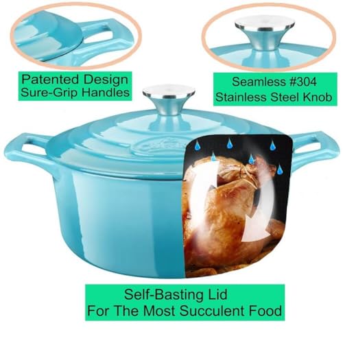 Image of La Cuisine Enameled Cast Iron Dutch Oven Casserole Pot with Lid, Internal Matte Black Enamel Coating for bread baking 5 QT 10.5 inch / 26cm O, For GalssTop Stove, Oven-Safe, Teal