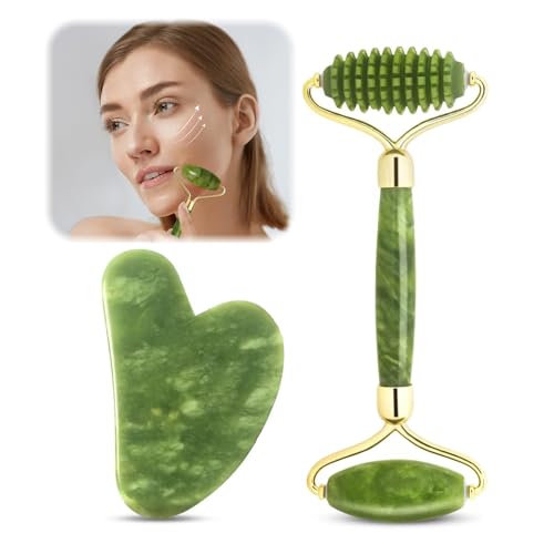 2 Piezas Gua Sha y Rodillo de Jade Tool, Guasha para el Masaje Facial, Tablero Gua Sha Jade, Masajeador Facial y de Cuello, Guasha para el Masaje Facial para Ojos, Relajante, Cara, Cuello