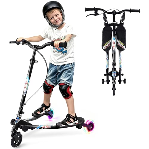 AODI Swing Scooter for Kids, 3 Wheels Foldable Wiggle Kick Scooter Push Drifting with 4 Adjustable Handlebar & 2 Rear LED Wheel for Boys and Girls Ages 3-8