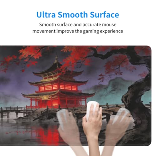 Image of Black Red Teal Japanese Mouse Pad 31.5x11.8 XL Anime Mountain Lake Pavilion Tree Extended Large Mousepad Keyboard Mouse Mat Desk Pad with Non-Slip Rubber Base Stitched Edges for Home Office Game