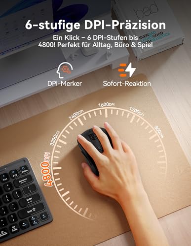 TECKNET Bluetooth Maus, Maus Kabellos (Tri-Modus: BT 5.0/3.0+2.4G) 4800 DPI Leise Mouse, Funkmaus mit USB-A Empfänger, 6 Tasten, Ergonomische Tragbare Mouse für PC/Laptop/Mac/Tablet, Schwarz – Bild 4