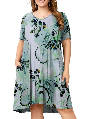 Image of OVERWORETY Womens Short Sleeve Plus Size T-Shirt Dress V Neck Casual Loose Swing A-Line Summer Tunic Dresses with Pockets