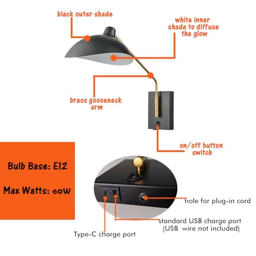 Image of CLAXY Plug in Wall Sconces Matte Black Swing Arm Wall Mount Lighting | E12 Home Wall Lights with USB Charge Port-Set of 2, Plug in or Hardwired Wall Mounted Lights for Bedroom Reading Room Living