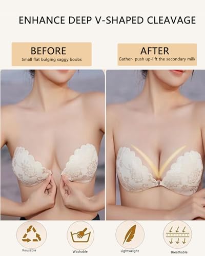 Image of Adhesive Bra Push up Strapless Sticky Invisible Upgrade Lace Bras for Women Dress Backless with Detachable Strap Nipple Cover