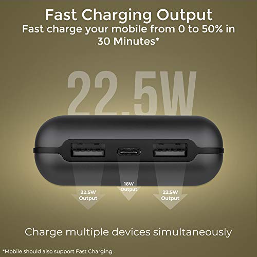 Image of Ambrane 20000 mAh Power Bank with 22.5W Fast Charging, Compact Size, Triple Output, Type C PD (Input & Output), Li-Polymer, Metallic Body, Made in India + Type C Cable (Powerlit XL, Black)