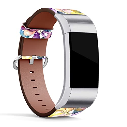 MINGDAO Compatible with Fitbit Charge 2 , Patterned Leather Replacement Band , (Watercoloraquilegia Flower Floral Pattern)
