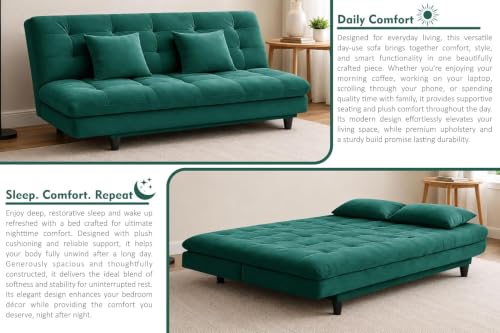 Image of Velvet Three-Seater Apsen Sofa Bed with Tufted Sleeper Couch Sofa with Adjustable Backrest- Living Room Furniture - Green