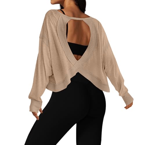 Image of UNIANKIYA Open Back Workout Tops for Women Long Sleeve Cropped Athletic Clothes Gym Running Yoga Low Impact Sports T Shirts