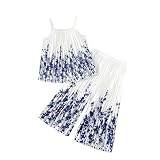 Saxrel Conjunto de 2 piezas de camisola casual de verano para niñas, camiseta sin mangas y pantalones plisados de pierna ancha, ropa de descanso con estampado degradado para jugar y salir, ropa ligera