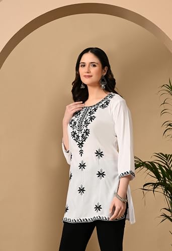 Image of LIBOZA Women's Chikankari Embroidered Short Kurti, Rayon Fabric, Three-Quarter Sleeves, Available in Pink, Black, Mustard Yellow, White, Pista and Green