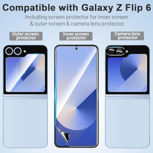 [3 + 3 + 2 Pack] for Samsung Galaxy Z flip 6 5G Screen Protector, 3 Pack Inner TPU Screen Protector + 3 Pack External Tempered Glass + 2 Pack Camera Lens Protector, Easy Install with Alignment Tool - Thumbnail 2