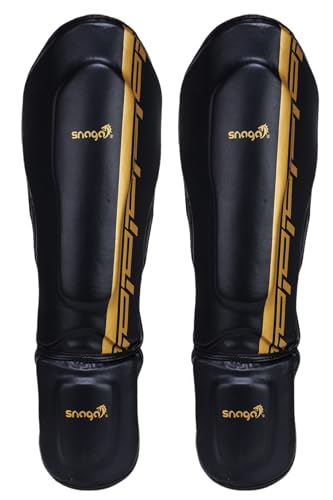 Image of Snaga MMA Shin Guard, Leather Shin Guard Pads with High-Density Foam Padding for MMA, Karate, Taekwondo, Kick Boxing & Other Martial Arts (Black-Golden)
