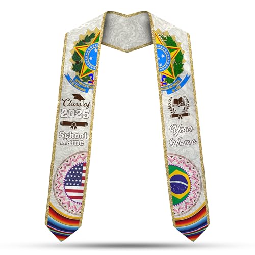 MonkeyVan Brazil Graduation Stole Custom Brazil American Flag Graduation Sash Brazilian Flag Graduation Stole Class of 2025 Bz1