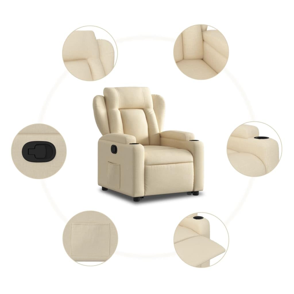 Sillón elevador eléctrico reclinable de tela color crema con elevación automática y respaldo manual, cómodo con portavasos y bolsillo lateral, estructura estable