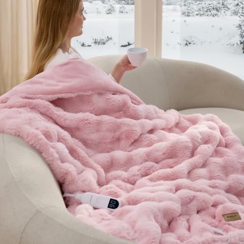 Image of Bedsure Fluffy Bubble Faux Fur Heated Blanket Electric Throw, Tie-dye Pink