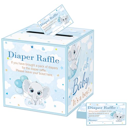 QISOLIY 50 Piece Diaper Raffle Tickets Baby Shower Game Invitations Diaper Raffle Cards Box Set for Baby Shower Gender Reveal Party Supplies Card Box (Baby Elephant)