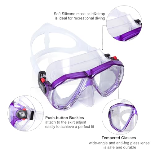 Image of Snorkel Diving Mask Panoramic HD Swim Mask, Anti-Fog Scuba Diving Goggles,Tempered Glass Dive Mask Adult Youth Swim Goggles with Nose Cover for Diving, Snorkeling, Swimming (Clear Purple)