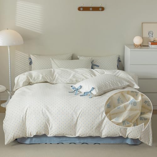 VM VOUGEMARKET Blue Flower Duvet Cover Queen with Plaid Grid Prints,100% Cotton Bedding Set,Aesthetic Comforter Cover for Girls Women 90x90 Inch