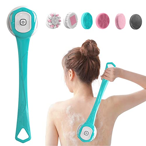 Cepillo Eléctrico para el Cuerpo,kit de Cepillo de Limpieza Corporal con 6 Cabezales de Cepillo,Cepillo de Ducha Recargable con Mango Largo,Baño Cepillo para Masaje Exfoliante Depurador (Azul)