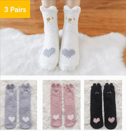 NeVka Adorable Cat Socks for Girls Fluffy & Fuzzy Thickening Breathable Warm Cozy Sweet Design For Gift Of 3 Pairs2