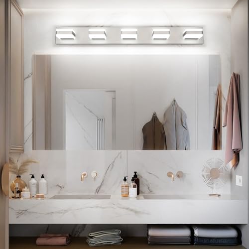 Image of SOLFART 5 Light Bathroom Vanity Light, Brushed Nickel Vanity Lighting Fixtures Over Mirror, Modern LED Lights for Bathroom Cool Light 6000K
