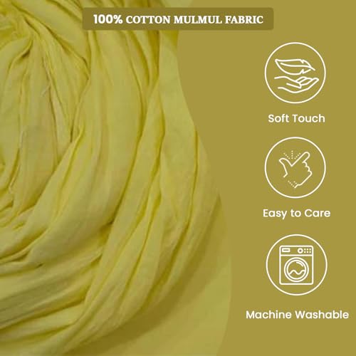 Image of 100% Pure Cotton Mulmul Fabric Material | Reusable Ultra Fine Mulmul Fabric | Lightweight Soft Smooth Piece Linning, Stole, Dupatta, Cushion Pillow Cover (Charlok Yellow, 2.5 Meters)