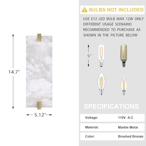 Image of 2 Pack 2 Light Square 14.7 inch Alabaster Marble Bathroom Wall Sconce Modern Concise Style Wall Light Fixture,Brushed Bronze Finish for Bedroom Hallway Bedside