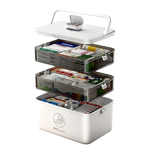 Boîte de rangement pour médicaments, grande boîte de premiers secours portable en plastique vide à 4 niveaux avec couvercles et poignées, organisateur de...