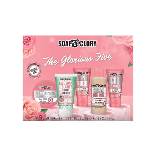 Soap & Glory The Glorious Five Skin Care Gift Set - The Righteous Body Butter Cream Hand Food Hand Cream Clean on Me Shower Gel Vitamin C Facial Cleanser & Exfoliating Body Scrub (5 Count)