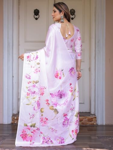 Image of ALMAARI FASHION Women's Floral Printed Georgette Satin Saree with Unstitched Blouse Piece | Traditional Ethnic Wear Sarees | Soft Lightweight Ethnic Office Wear Daily Wear Indian Sari (SG 181-190 F)