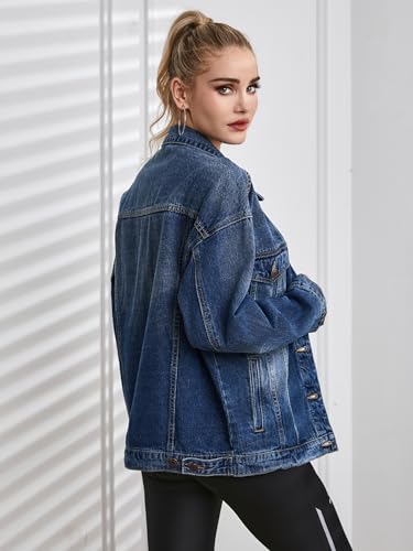 Cantonwalker Women's Oversize Vintage Washed Boyfriend Denim Jacket Long Sleeve Classic Loose Jean Trucker Jacket 0032