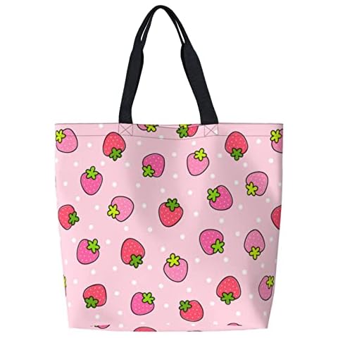 PrelerDIY Cute Strawberry Reusable Grocery Bags - Tote Bag for Women Casual Shoulder Bag Foldable Large Shopping Bag, Cute Strawberry, L Cover